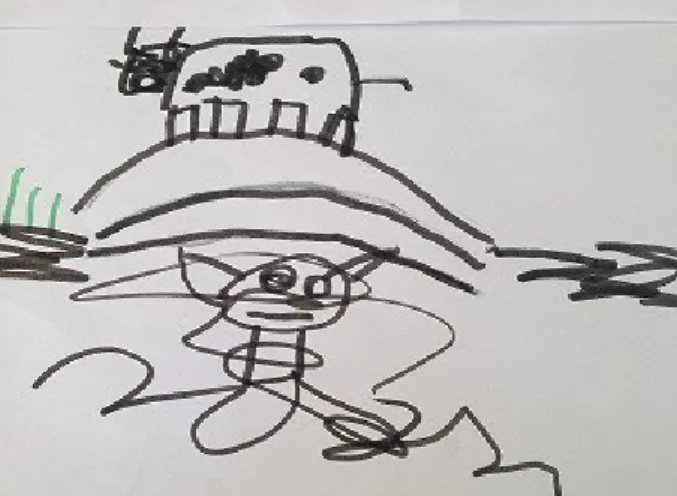 Figur 7. En 4-årig pojkes teckning av Bockarna    Figur 8. En 5-årig flickas teckning av 