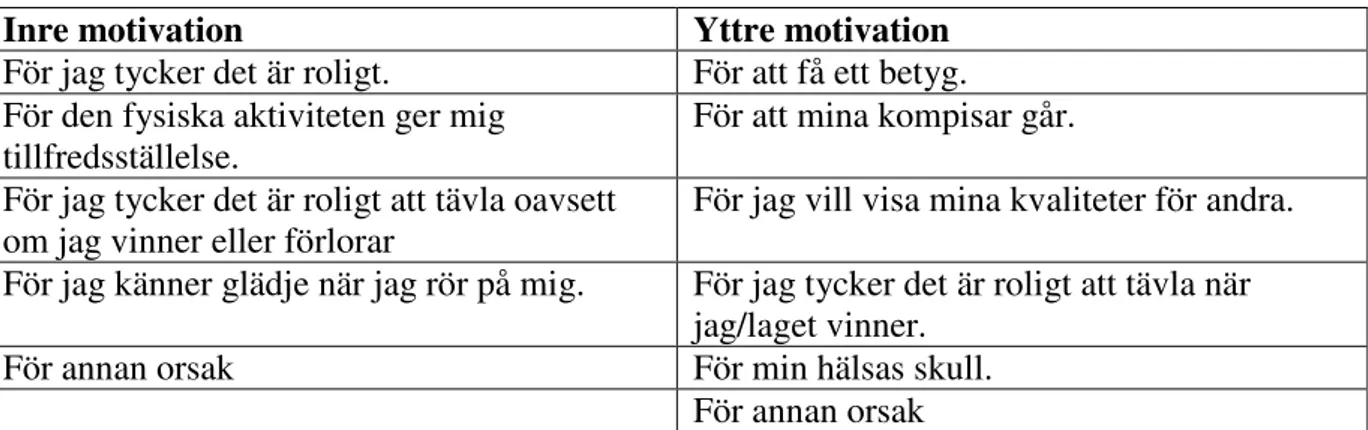 Tabell 1. Tolkning av motivations alternativ 