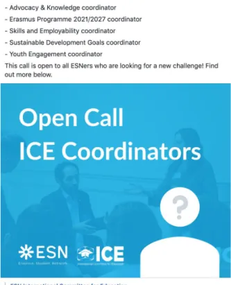 Figure 5: Example of a recruitment post in ESN International (informal) (source: Facebook.com