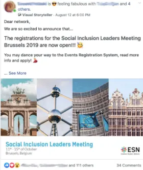 Figure 9: Example of a member announcing registration opportunities aimed towards leaders in the field of social  inclusion in ESN International (informal) (source: Facebook.com
