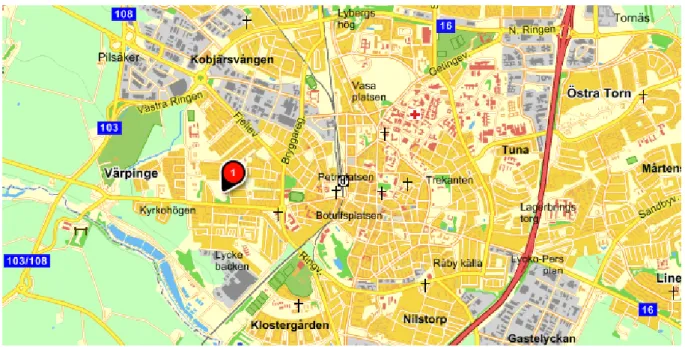 Figur 1 Karta över Lund med Folkparken utpekad (1). 
