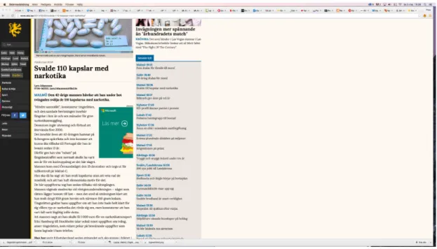 Figur 2: Skånska dagbladets webbsida har, förutom en nära nog ideal teckengrad, en något annorlunda sajt som är  fäst vid webbläsarens vänstra kant