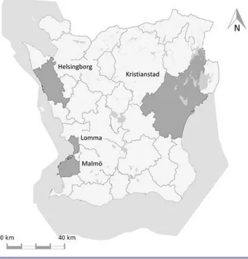 Fig. 1. Case study areas in Scania County, Southern Sweden.