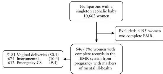 Figure 4. Flow chart of first-time mothers with complete electronic medical records (EMR)  during pregnancy (n = 6467) giving birth between 1 January 2001 and 31 December 2006  at SUS-Malmö, Sweden 