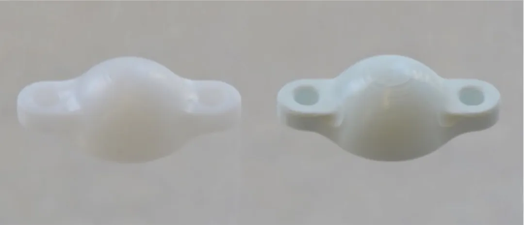 Figure 3 The two different ceramic space-maintaining devices (zirconia to the left and microporous hydroxyapatite to the right).