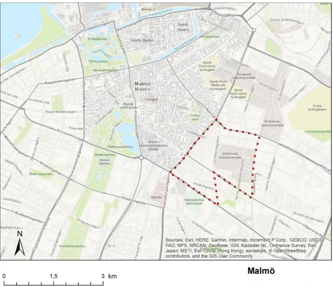Figur 1. Karta över BID Sofielunds avgränsning i Malmö. Kartografer: Carl Andreasson &amp; Farhad  Asekzai 