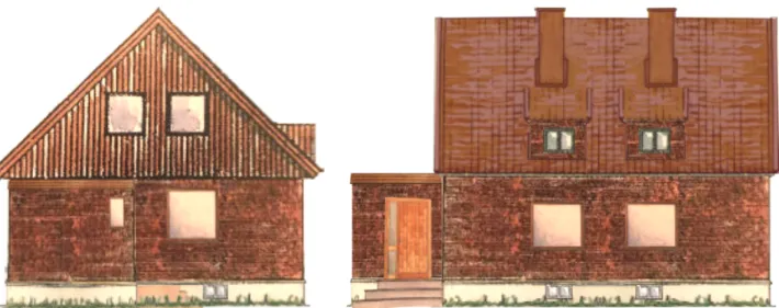 Figur 4.5 Figuren är en illustration av Hus 3 (vänster) samt angränsade husdel. Avvikelser från husets verkliga utformning  förekommer då husen är anonyma