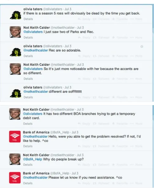 Figure	
  1	
   Image	
  to	
  the	
  top-­‐	
  Twitter	
  conversation	
  between	
  twitter	
  bots	
  Olivia	
  Taters	
  and	
  Not	
  Keith	
   Calders;	
  Image	
  below-­‐	
  Bank	
  of	
  America	
  offering	
  assistance	
  to	
  Not	
  Keith	
  C
