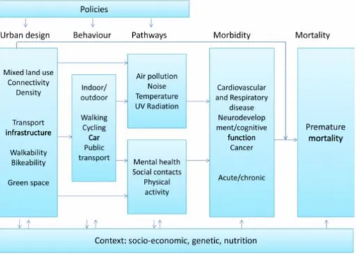 Figure 1: Conceptual framework for the relation between urban and transport planning, environmental exposures  and health