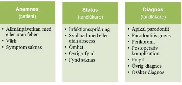 Figur  1  De  anamnestiska  symptom,  statusfynd  och  diagnoser  som  kan  vara  indikationer  för  antibiotikaförskrivning
