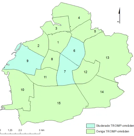 Figur 2: Översikt TROMP-områden i Malmö och studerade områden 