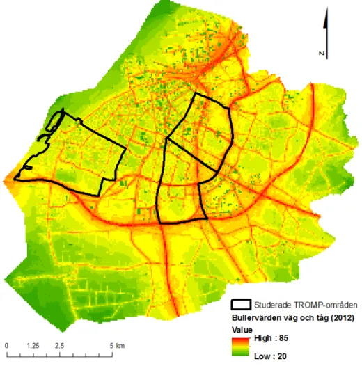 Figur 3: Bullervärden i Malmös TROMP-områden    