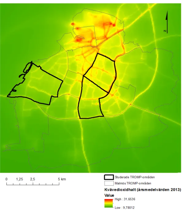 Figur 4: Kvävedioxidhalter i Malmös TROMP-områden 