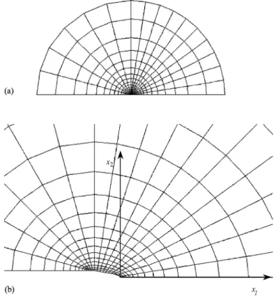 Fig. 2. Finite element mesh. (a) Remote region. Tractions are applied along the semi-circular boundary, derived from the mode-I K-5eld