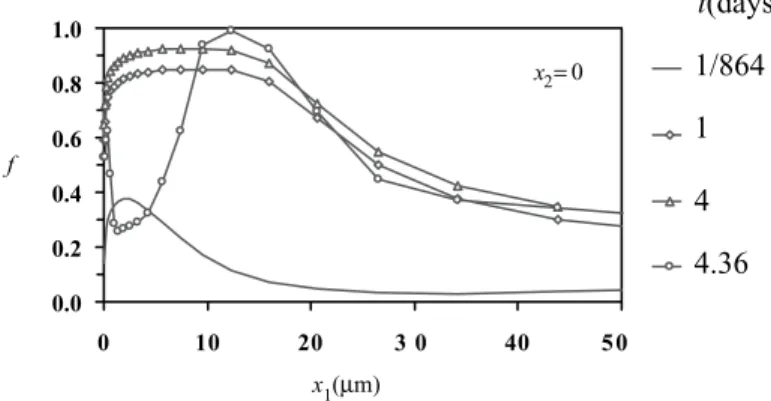 Fig. 3. Hydride volume fraction distribution along the crack line, as time progresses.