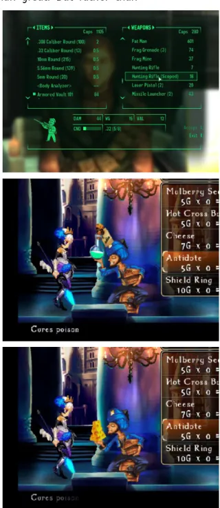 Figure 17 The Fallout 3 “list” shop in  comparison to the Odin Sphere emotional  item merchant 