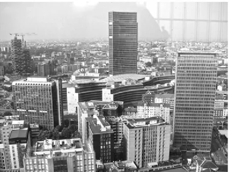 Figure 7.  View from Pirelli building, via Filzi, Milan. The building on the  right is Galfa Tower (Melchiorre Bega, 1959, 102 m), the first building  occupied by Macao