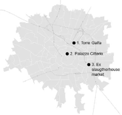 Figure 8.  Map of Macao occupations in Milan. 1: Galfa tower, via Galvani  (ten days); 2