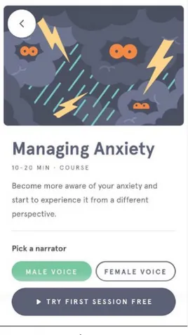 Figur 7. Här syns grå moln, blixtrar och  uppspärrade ögon illustrera kursen ”Managing  Anxiety.” vilken kan ses som en metafor  (Headspace, 2020)