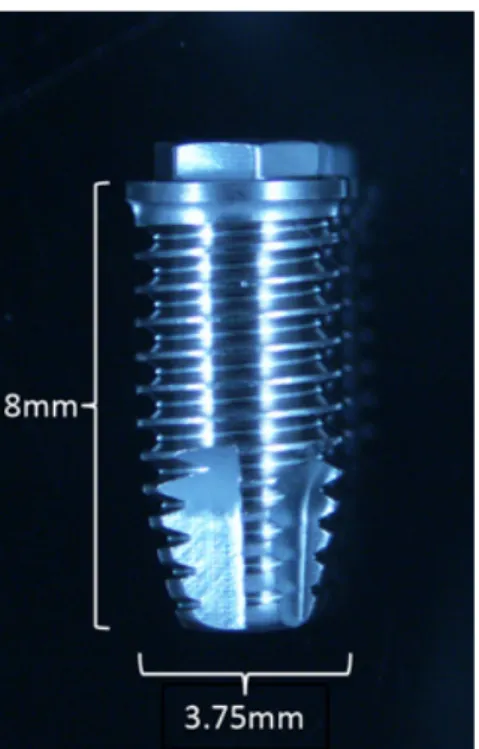 Figure 1. Implant design with 3.75mm width and 8mm length. Representative image of titanium (Ti)  implant; copper (Cu) and polyetheretherketone (PEEK) implants with the same design