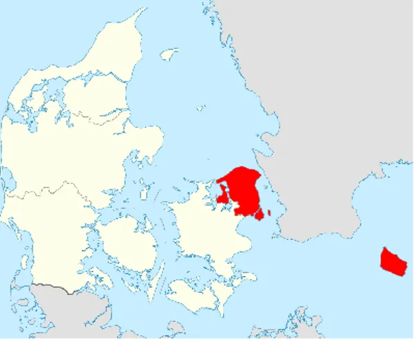 Figur 1. Markering av Hovedstadsregionen på dansk karta. 