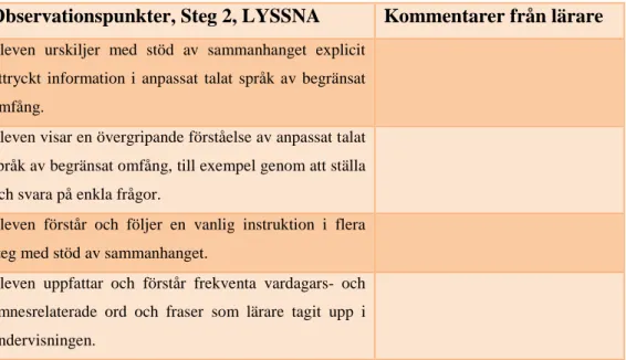 Tabell 1: Observationspunkter, Steg 2, LYSSNA  