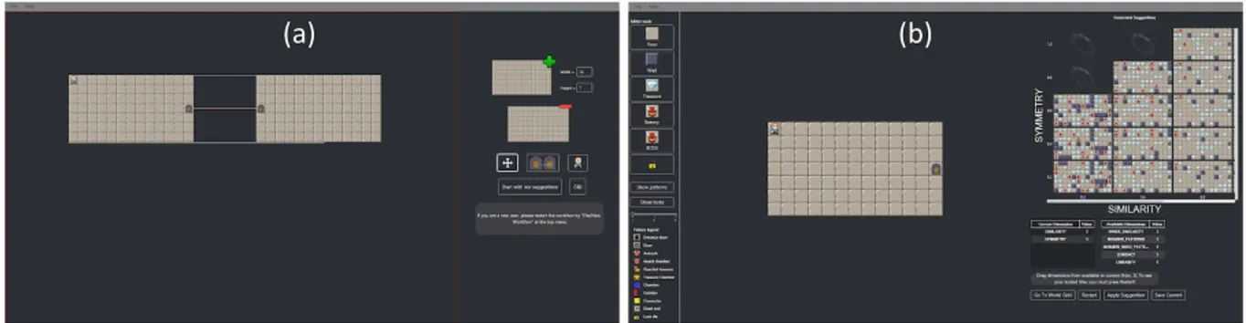 Figure 4: To the left (a) is the WorldView or the overview of the dungeon. In this view, the user can navigate the                     overview of the dungeon and change the layout of the dungeon with the help of the buttons on the right-side            