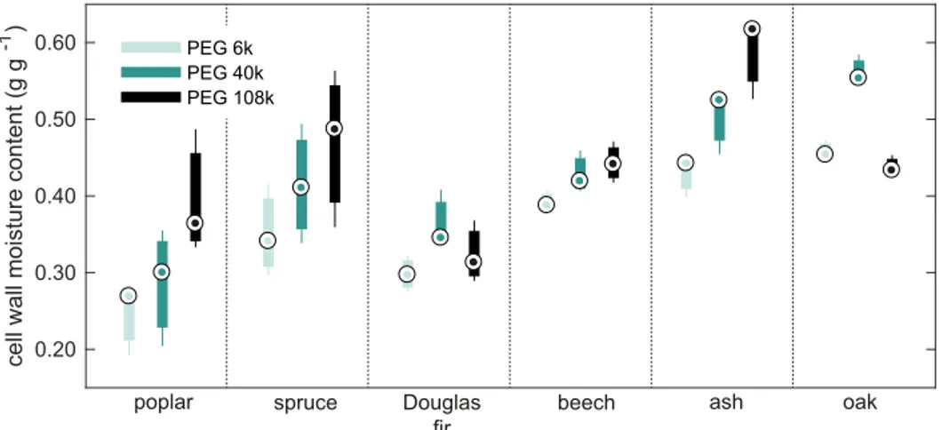 Fig 3. Cell wall moisture contents from SET measurements. Cell wall moisture content determined with the solute exclusion technique (SET) using three different sizes of polyethylene glycol (PEG) molecules