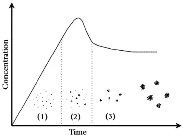 Figure 3: Time evolution of solute concentration during a phase transformation according to LaMer’s mechanism