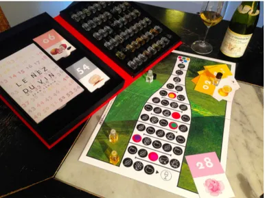 Figure	
  11.	
  “Le	
  nez	
  du	
  vin”	
  is	
  a	
  board	
  game	
  aiming	
  for	
  a	
  discovery	
  of	
  wine	
  compounds	
  and	
  the	
   development	
  of	
  smell	
  acuity	
  for	
  identifying	
  them.	
  (Editions	
  Jean	
  Lenoir)	
  
