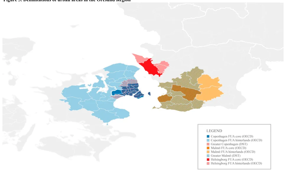 Figure 3. Delimitations of urban areas in the Öresund Region 