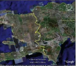 Figure 6. Google Earth satellite images. On the left:  different forest coverage in Haiti and the Dominican  Republic