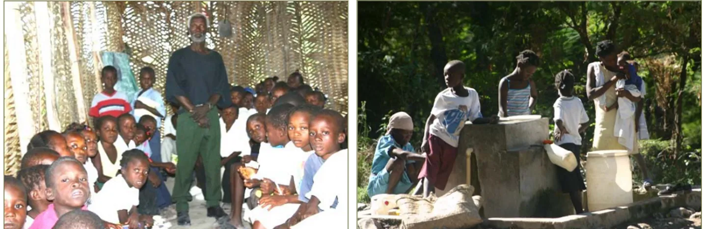 Figure 2. Rural Haiti. On the left: School; kids of different ages sit on benches and write on their laps