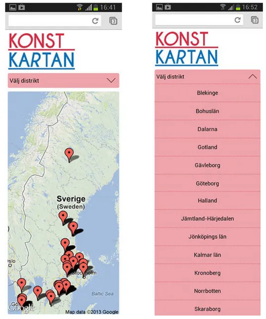 Figur 4. Till vänster visas webbplatsen startsida med överblickskarta och till höger den meny som   används för att titta närmare på ett specifikt distrikt