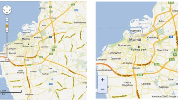 Figur 2. Till vänster visas en Googlekarta så som den ser ut på skrivbordsdator. Till höger visas   samma karta i en mobil webbläsare