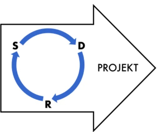 Figur 2. Samtal (s), handlingar (d) och relationer (r) hänger ihop och bildar tillsammans  praktikens projekt (Efter Kemmis et al., 2014b, s