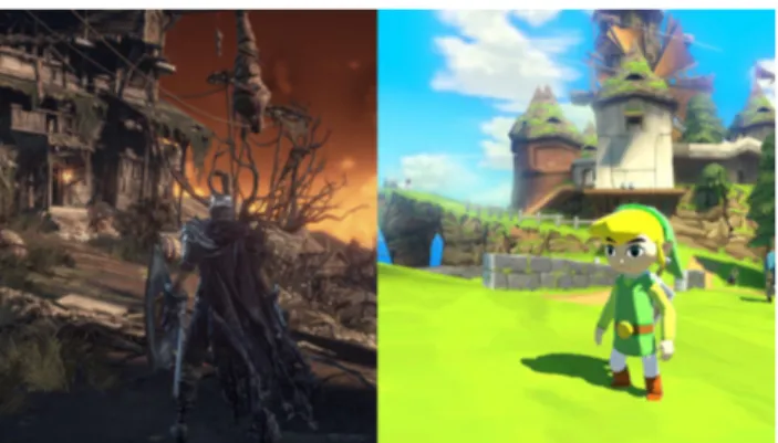 Figure 2: Dark Souls (left) &amp; Zelda: Wind Waker (right)  This study is an initial look into how to create and define distinct         visual styles, and how to analyse/measure the effect of visual       style on perceived challenge