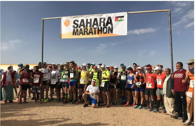 Figure 2. Runners of the Sahara Marathon preparing for the race. Credit: Celia Sánchez-Valladares/2020