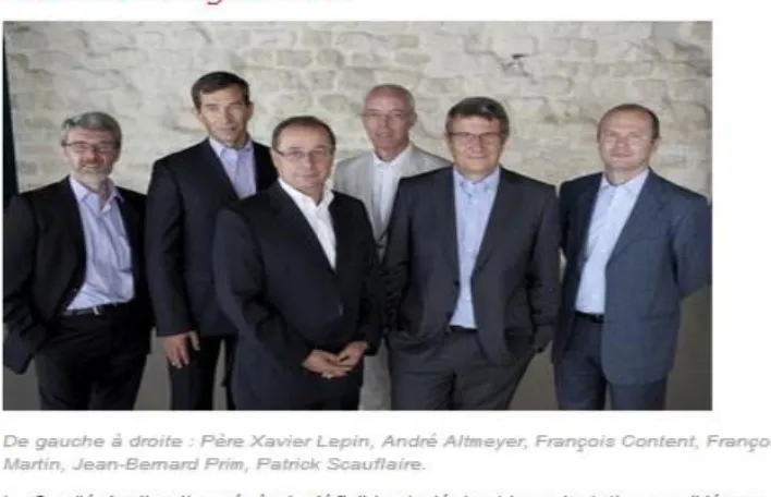 Figure 2 presents a picture of Apprentis d’Auteuil’s CEO and the managers. The long- long-shot relate these persons to the protective environment symbolised by the background: a  large and high white wall made of plain bricks representing the church, a gat