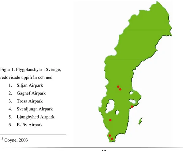 Figur 1. Flygplansbyar i Sverige,   redovisade uppifrån och ned.  