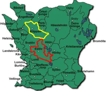 Figur 5. Karta över Skåne med Klippans kommun (gult) och Eslövs  kommun (rött) utmärkta (www2.malmo.stadsbibliotek.org)