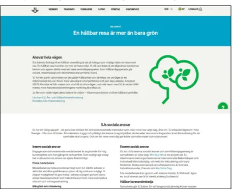 Figur 10. Skärmdump från SJ:s hemsida. Texten lyder: ”En hållbar resa är mer än bara grön