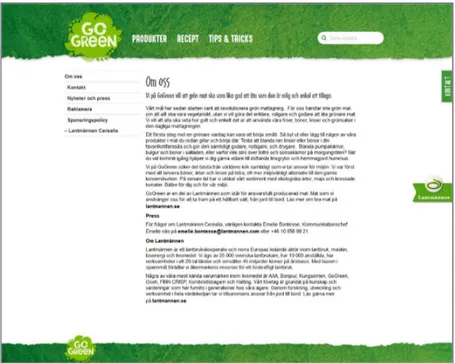 Figur 17. Skärmdump från GoGreen:s hemsida, Texten lyder: &#34;Vi på GoGreen söker det bästa från världens kök  samtidigt som vi tar ansvar för miljön