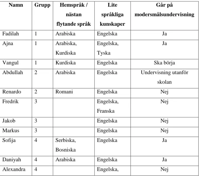 Tabell 1: Deltagarlista 