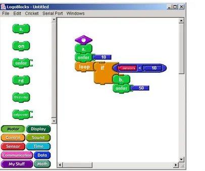 Figur 5. Ett LogoBlock program som starar motor A under 10 sekunder om en ljuskälla  aktiveras samt aktiverar en loop så länge en if-sats uppnås