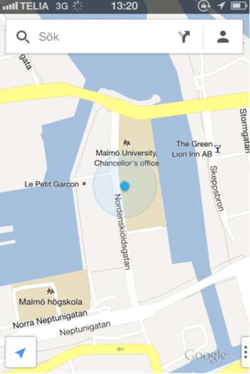 Fig. 2: Google Maps. Kartan centreras efter  användarens position (den blå punkten).  Bilden är tagen från Google Maps 