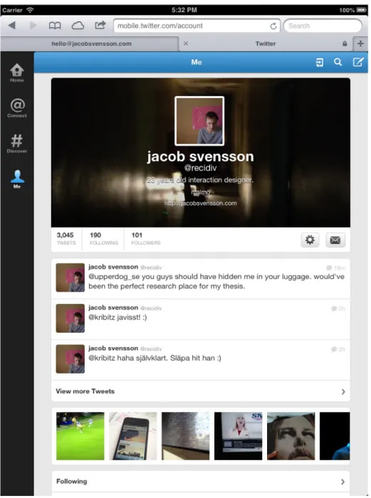 Fig. 3.  Twitters mobila webbplats på iPad. Bilden är tagen från Twitters mobila webbplats.
