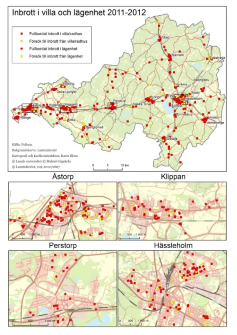 Figur	9.	Exempel	på	visualisering	av	inbrott	i	bostad,	delregional	och	lokal	nivå	(Åstorp,	 Klippan,	Perstorp	och	Hässleholm)	2011-2012.