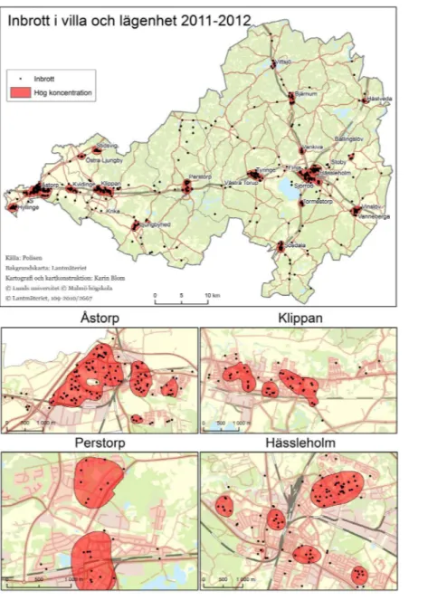 Figur	10.	Exempel	på	klusteranalys	(Kernel	Density)	av	inbrott	i	bostad	i	fyra	kommuner	och	tätorter	 (Åstorp,	Klippan,	Perstorp	och	Hässleholm)	2011-2012.