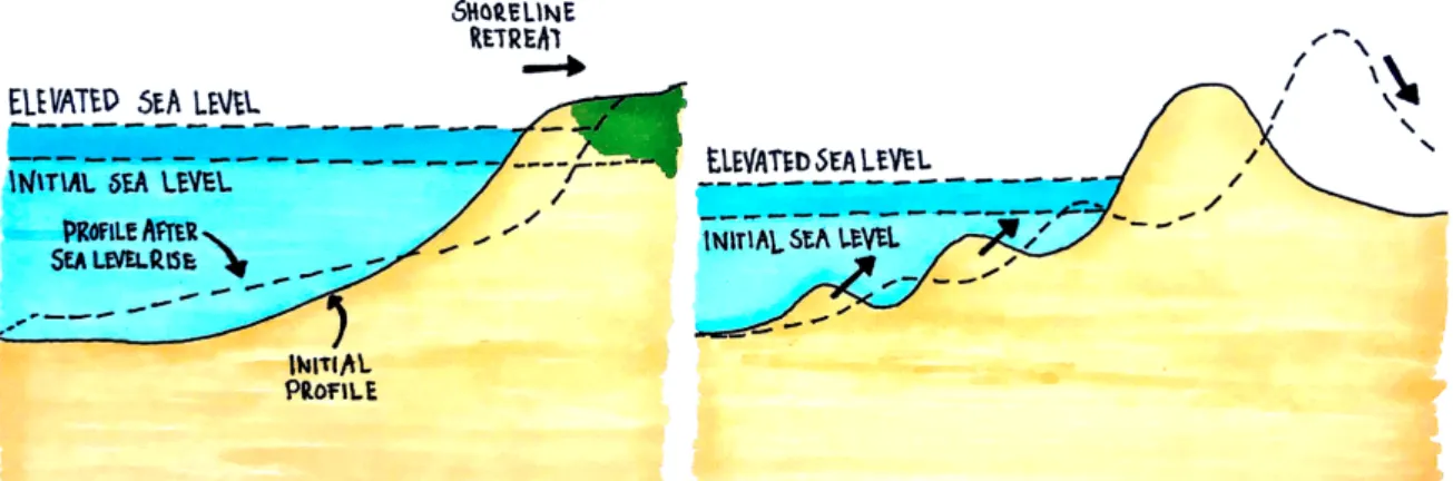 Figure 2. The relationship between SLR and erosion. Both illustrations show how the initial profile changes and  pushes land further inland due to the elevated sea level (Blomvall, 2020b)